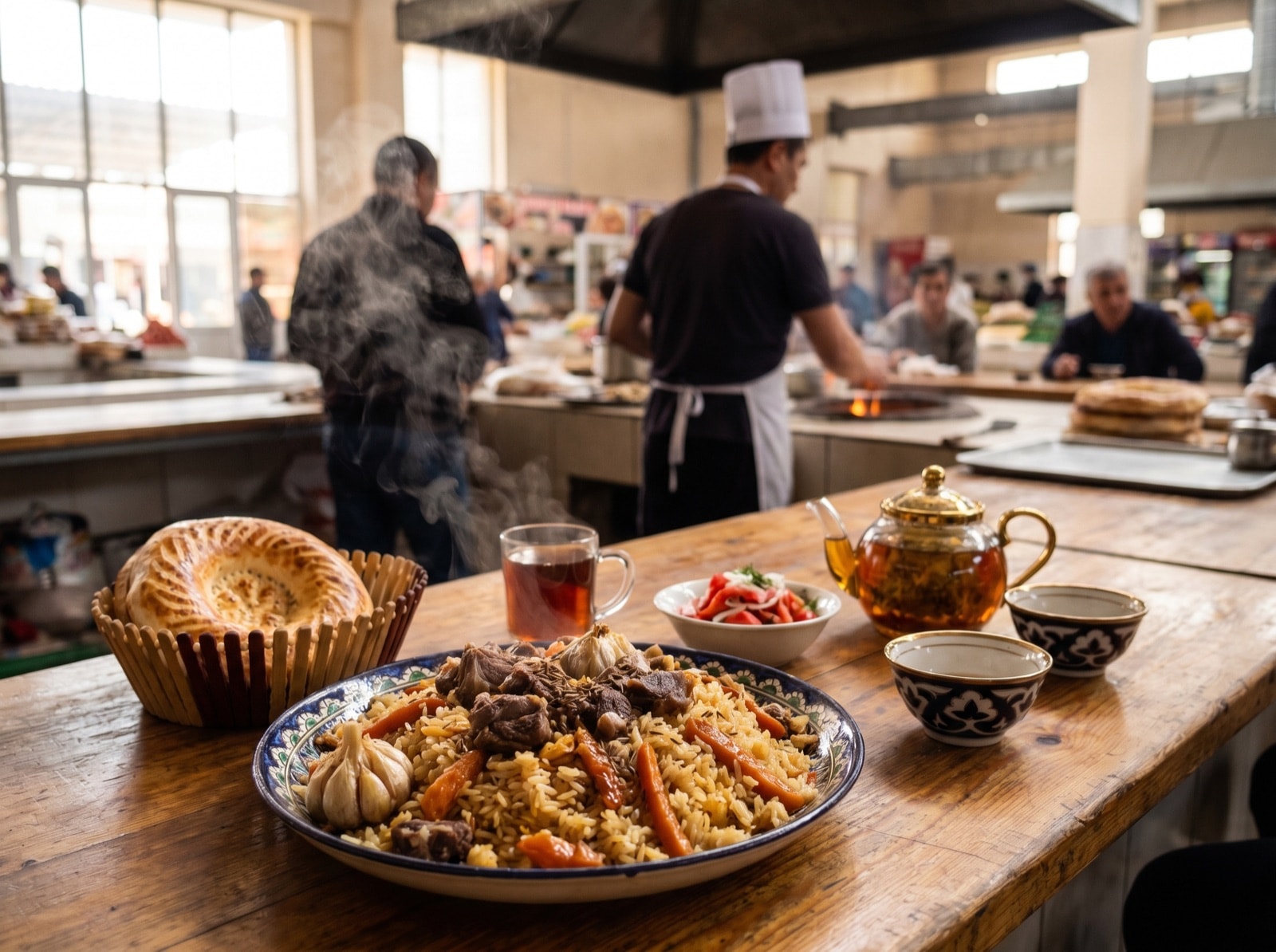 Theke eines Food-Courts mit Plov, rundem Non-Brot, Tee im Glas und einer blau-weißen Teekanne, dahinter Köche