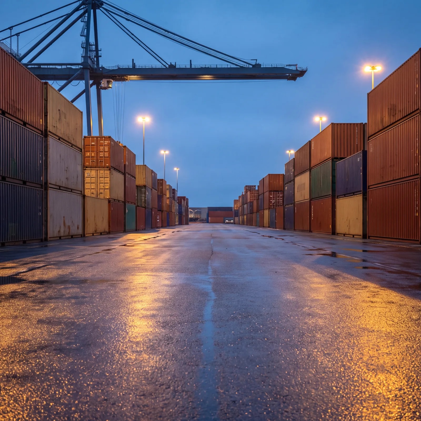 Rows of stacked containers along a wet lane in a port container yard at dusk, under the boom of a gantry crane